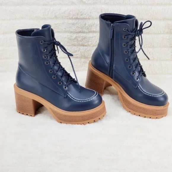 *Unilady Navy Blue Wood Look 3" Chunky Platform Combat Boots - Picture 2 of 7